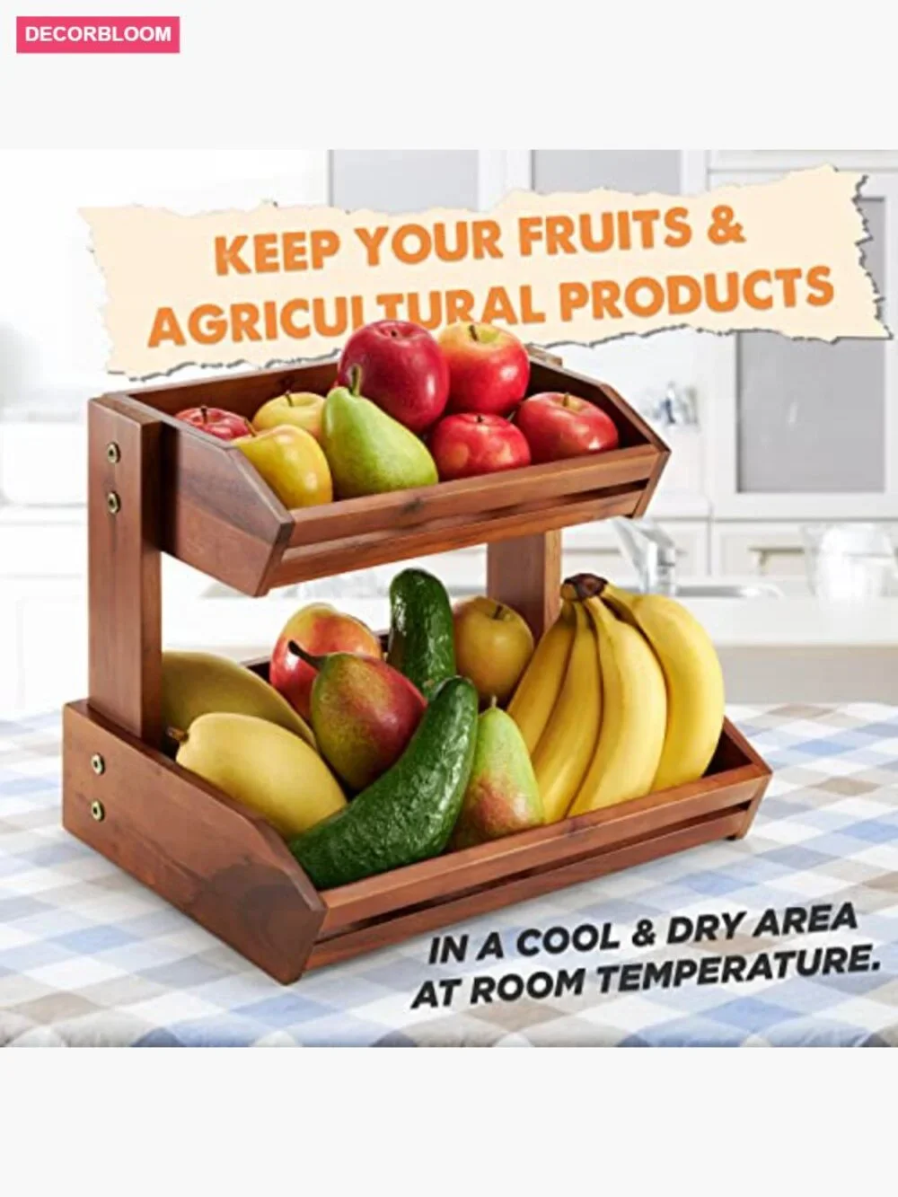2-Tier Acacia Wood Fruit Basket for Kitchen Counter Storage